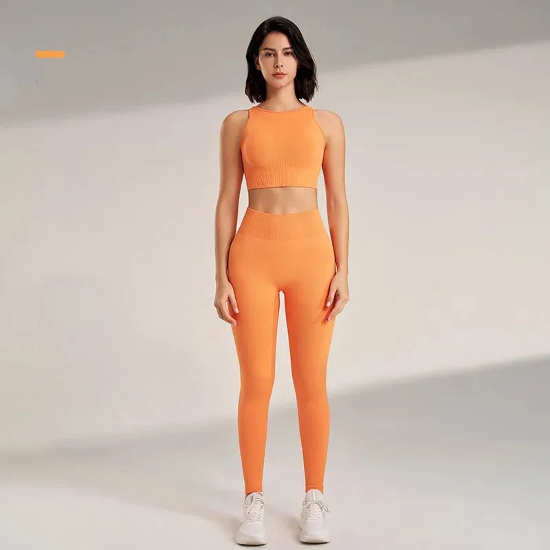 Sports Stripe Nylon Spandex Round Neck Tracksuit Vest Skinny Pants