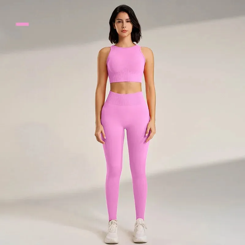 Sports Stripe Nylon Spandex Round Neck Tracksuit Vest Skinny Pants