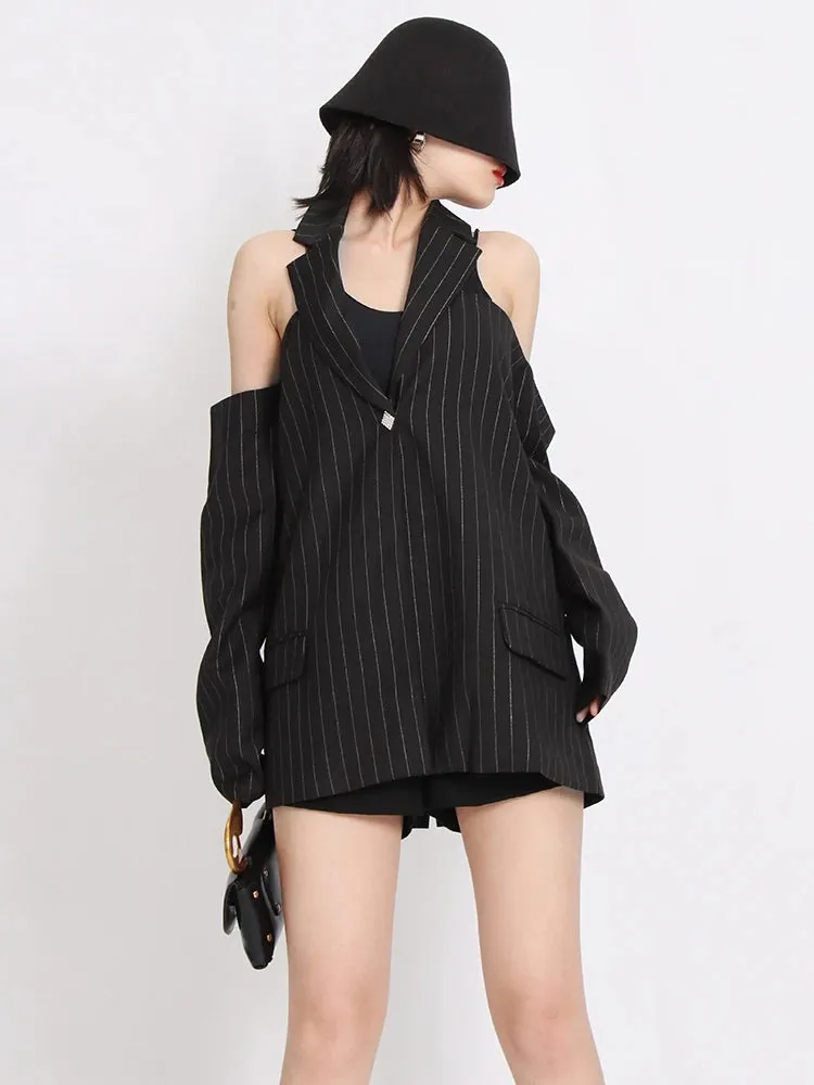 Striped Long Sleeve Backless Patchwork Chic Blazer