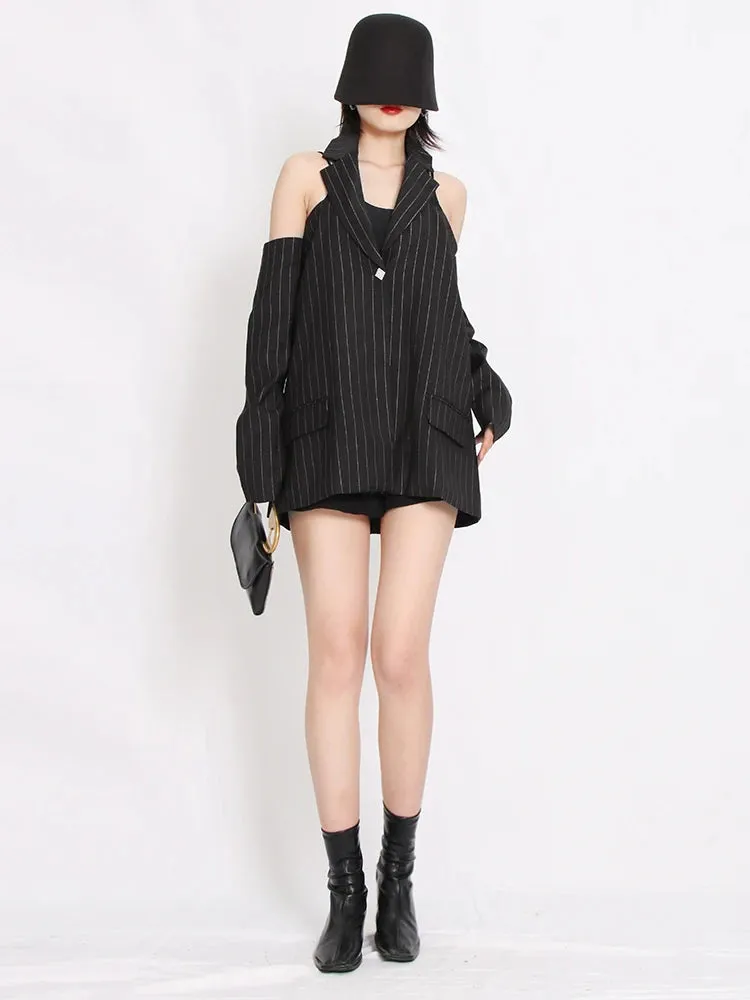 Striped Long Sleeve Backless Patchwork Chic Blazer