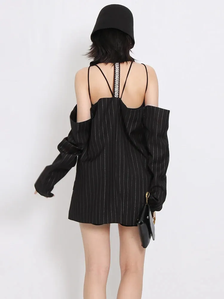 Striped Long Sleeve Backless Patchwork Chic Blazer