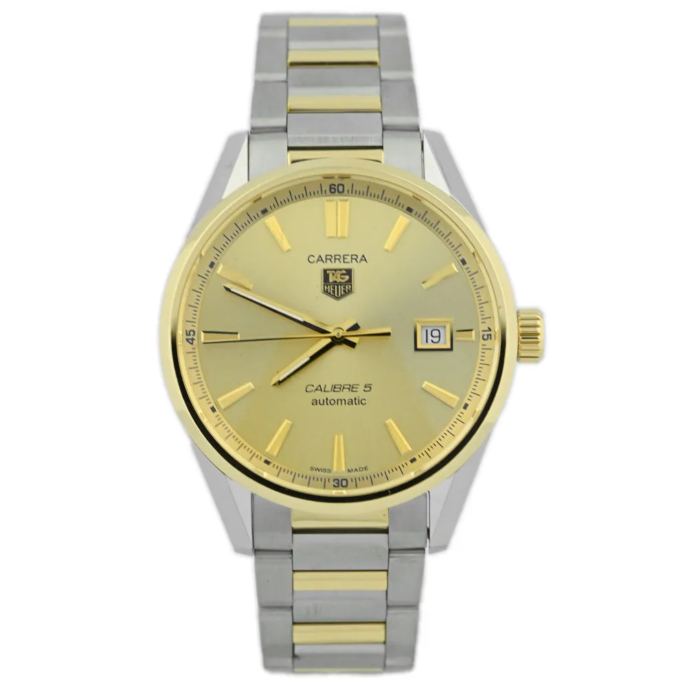 Tag Heuer Men's Carrera Calibre 5 18K Yellow Gold & Steel 39mm Biege Stick Dial Watch Reference #: WAR215A.BD0783