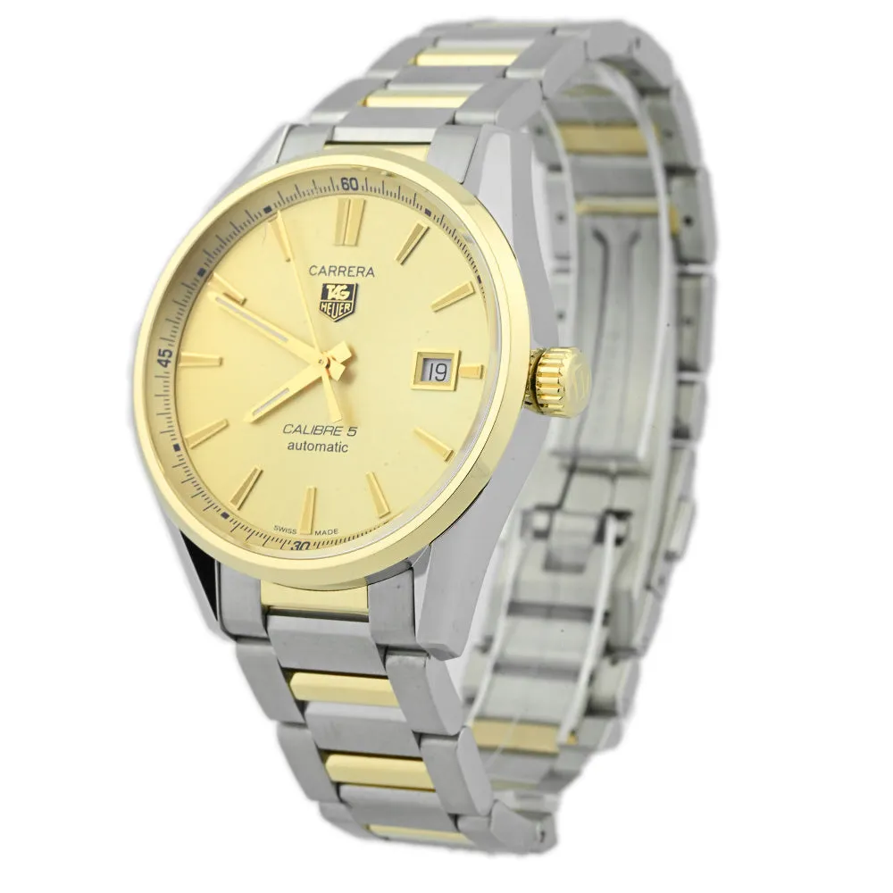 Tag Heuer Men's Carrera Calibre 5 18K Yellow Gold & Steel 39mm Biege Stick Dial Watch Reference #: WAR215A.BD0783