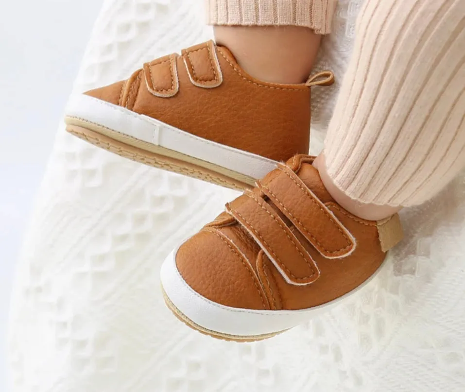 Tan leather look trainer style shoes with Velcro fasten (up to 18 months)