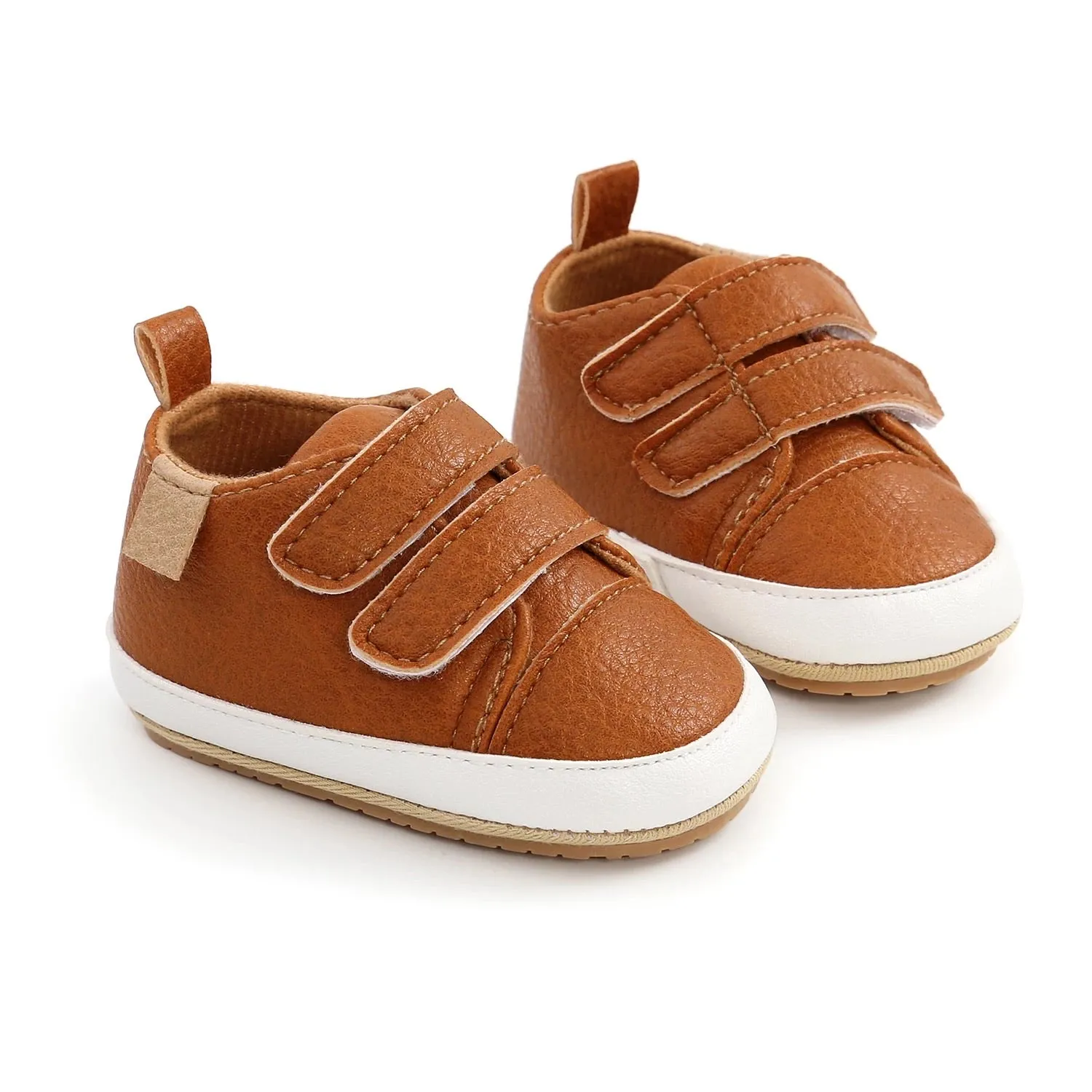 Tan leather look trainer style shoes with Velcro fasten (up to 18 months)