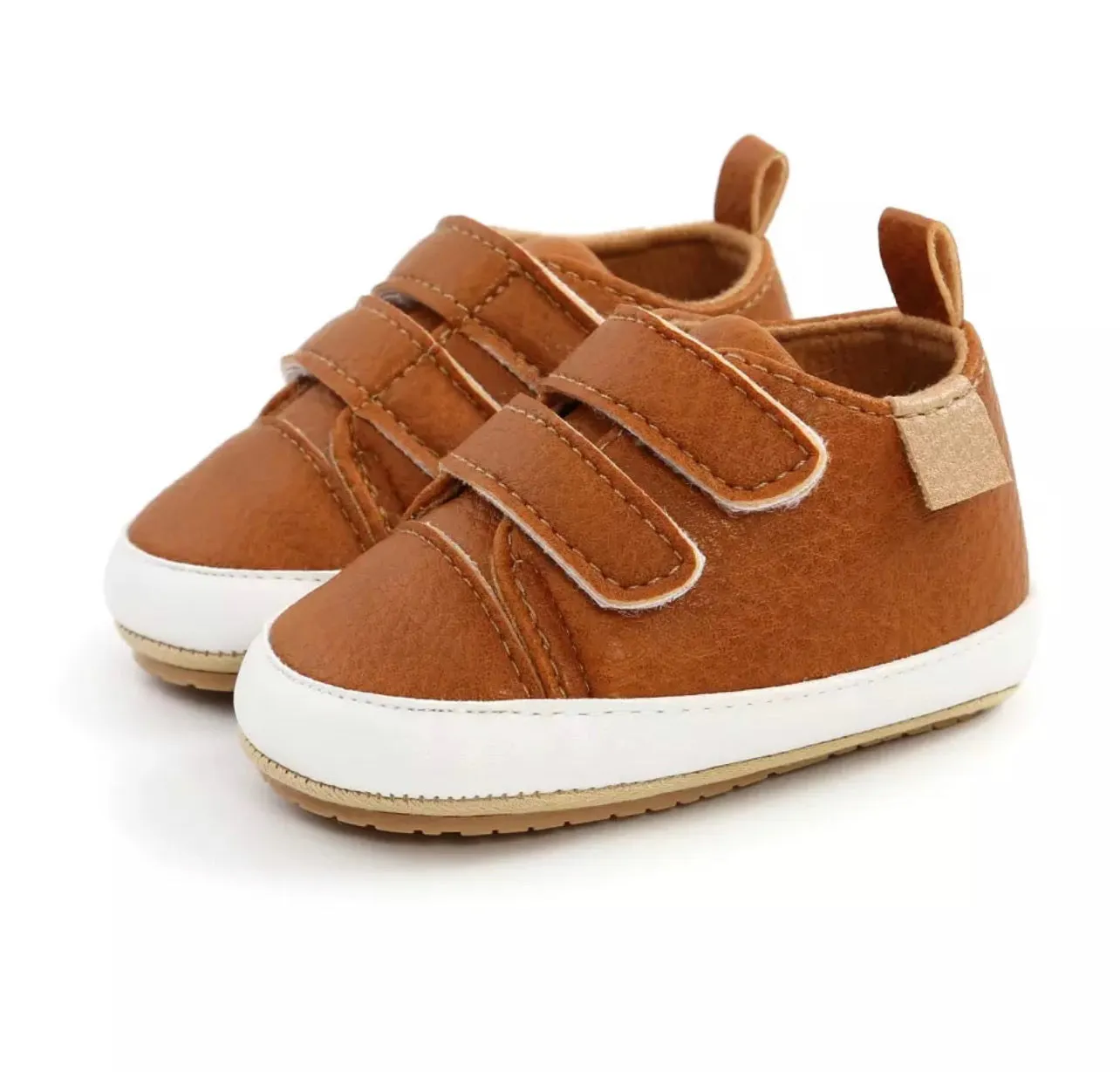 Tan leather look trainer style shoes with Velcro fasten (up to 18 months)