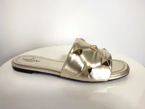 Valentino Gold Metallic Leather Roman Stud Flat Slide Sandal