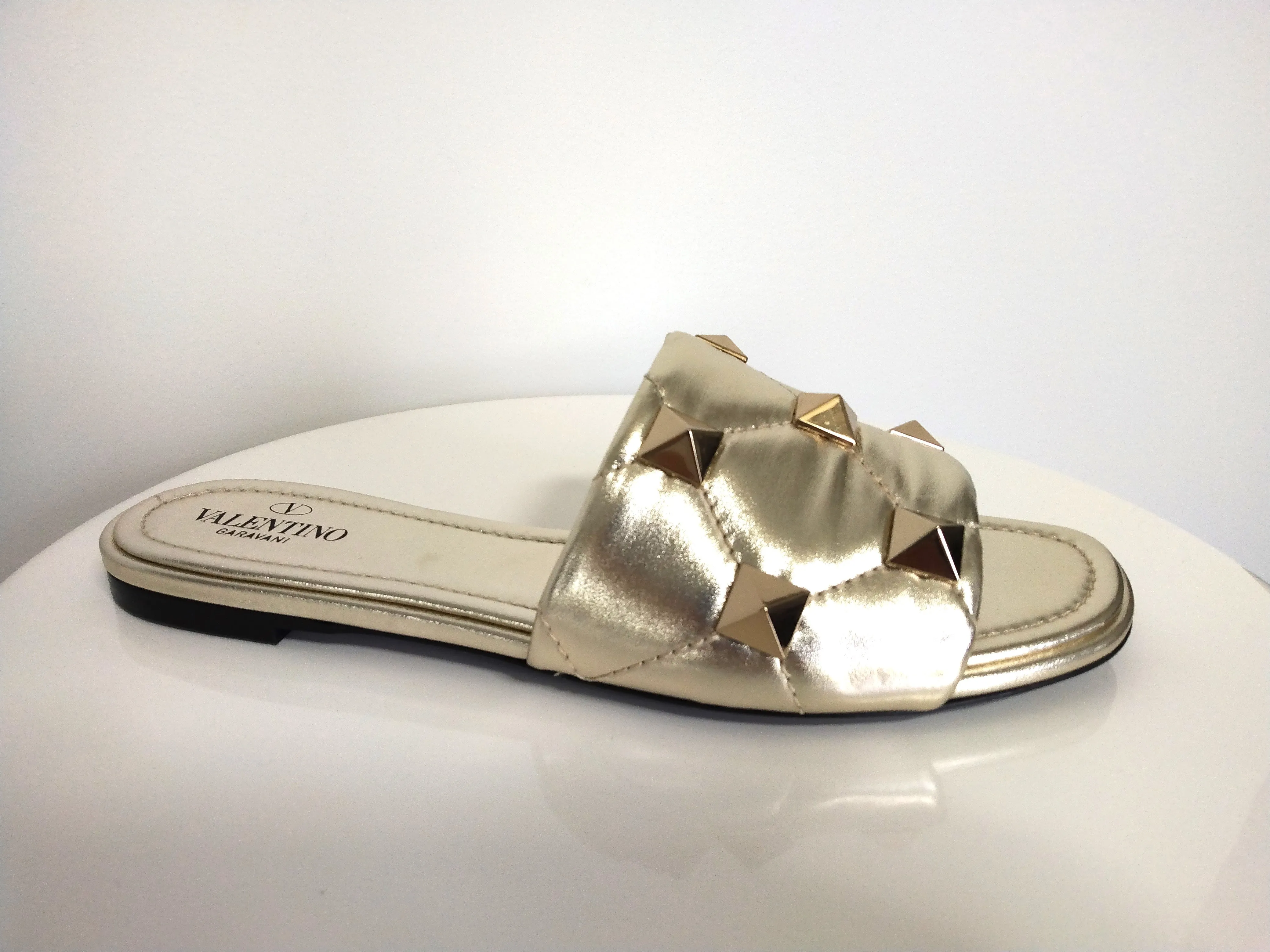 Valentino Gold Metallic Leather Roman Stud Flat Slide Sandal