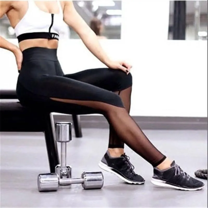 Women Fitness Leggings Workout Pants Sportwear Leggins Mesh Patchwork Black Leggings Soft Pants