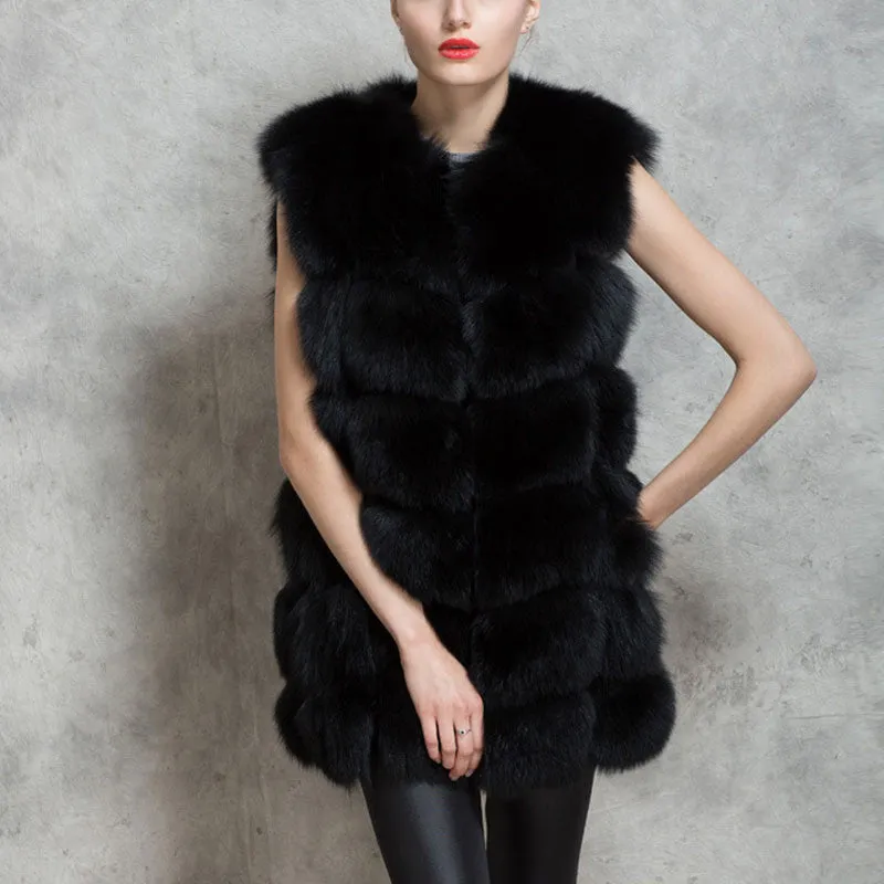 Women Winter Sleeveless Faux Fox Fur Leather Thick Coat Outerwear Vest Plus Size Padded Jacket Overcoat Parka Q1778