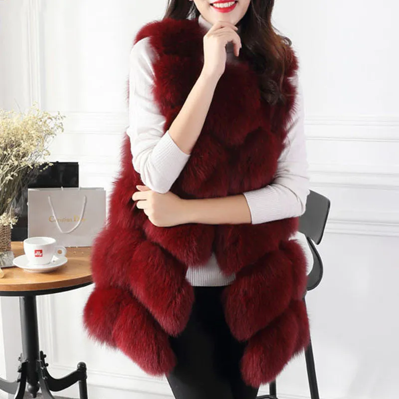 Women Winter Sleeveless Faux Fox Fur Leather Thick Coat Outerwear Vest Plus Size Padded Jacket Overcoat Parka Q1778