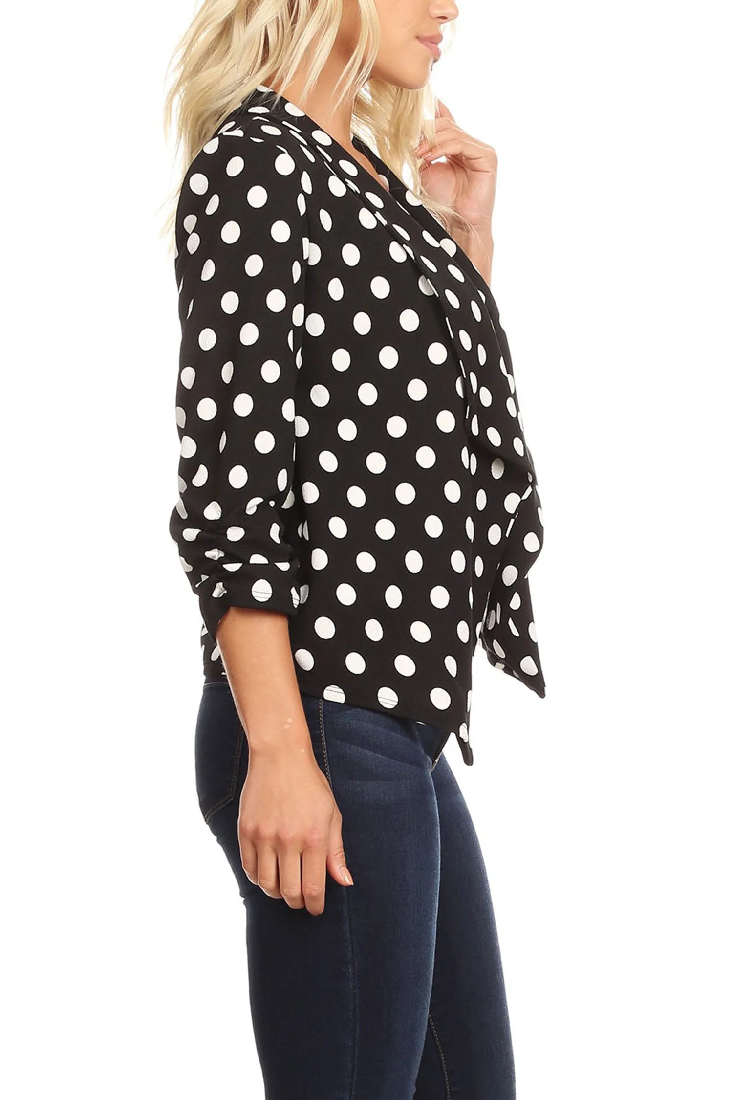 Women's Casual Open Front Polka Dot Roll Up Sleeve Blazer Jacket Made in USA