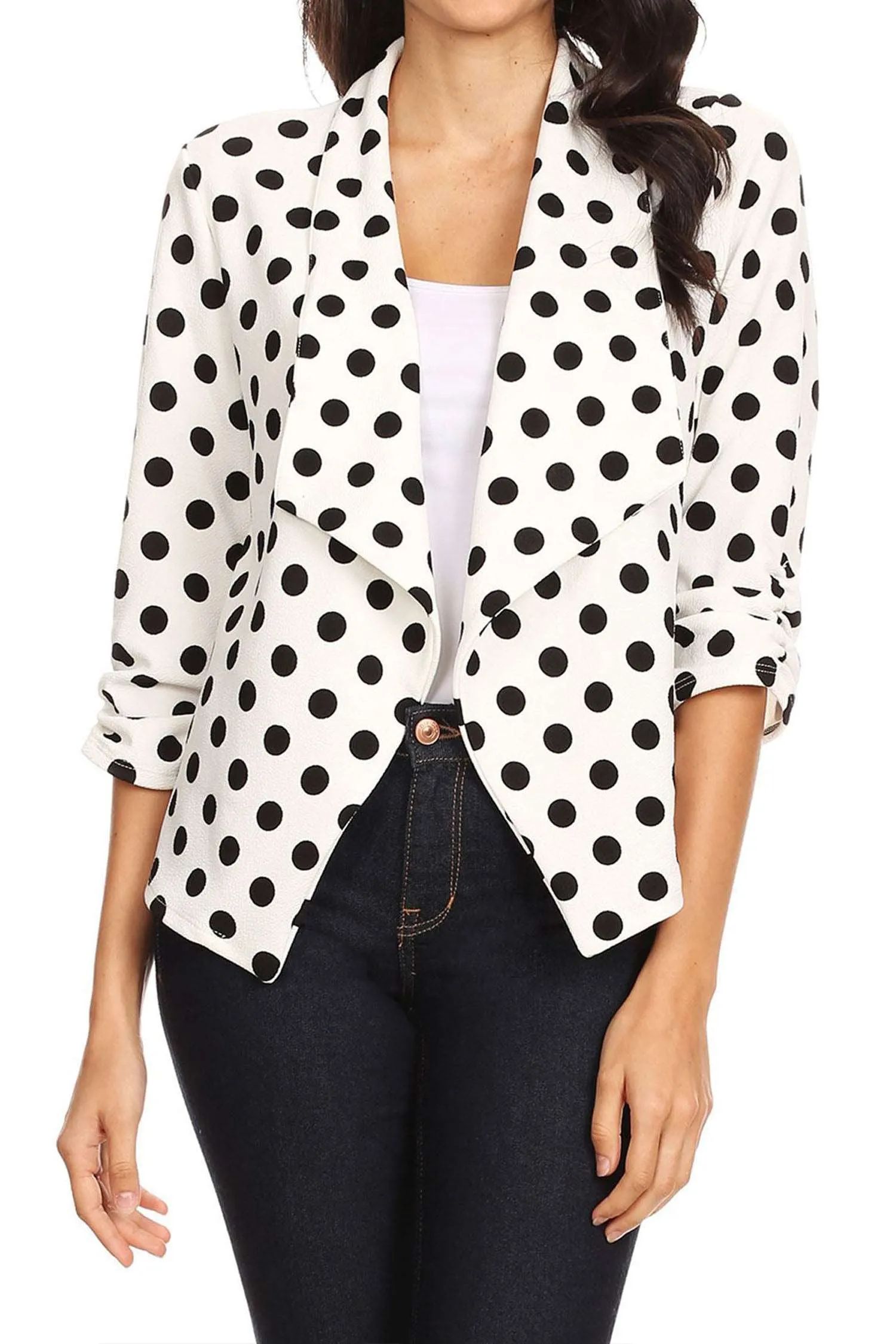 Women's Casual Open Front Polka Dot Roll Up Sleeve Blazer Jacket Made in USA