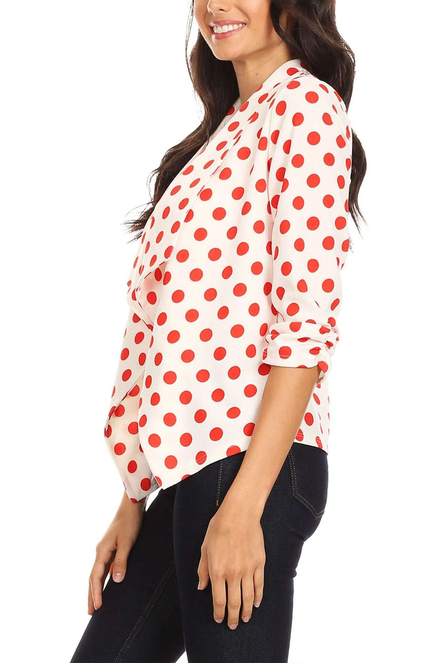 Women's Casual Open Front Polka Dot Roll Up Sleeve Blazer Jacket Made in USA