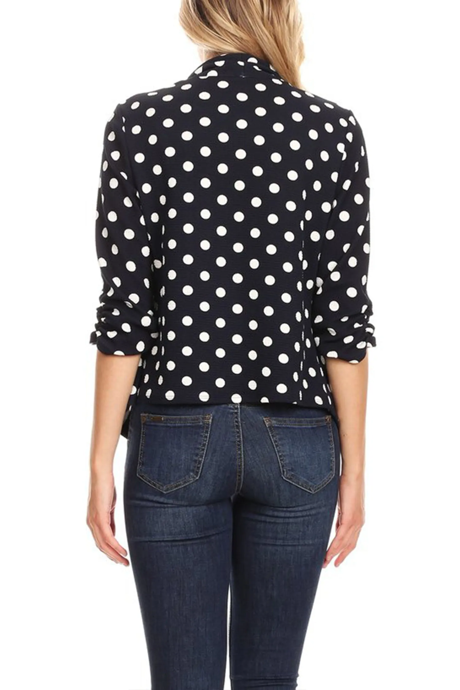 Women's Casual Open Front Polka Dot Roll Up Sleeve Blazer Jacket Made in USA