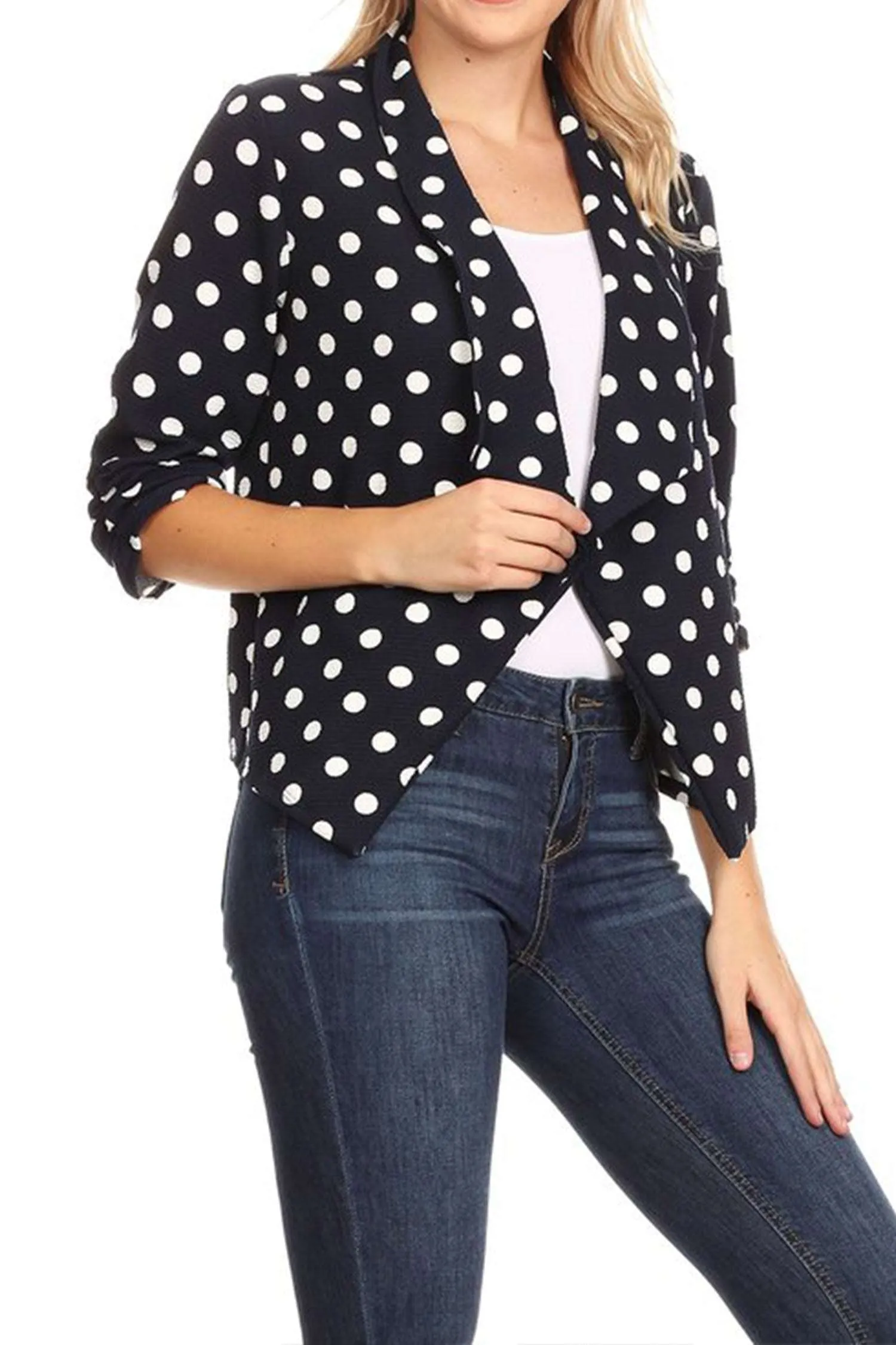 Women's Casual Open Front Polka Dot Roll Up Sleeve Blazer Jacket Made in USA