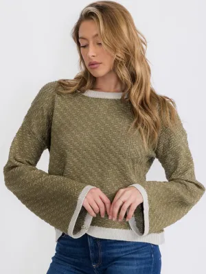WOMEN'S LONG BELL SLEEVE COLORBLOCK PULLOVER SWEATER