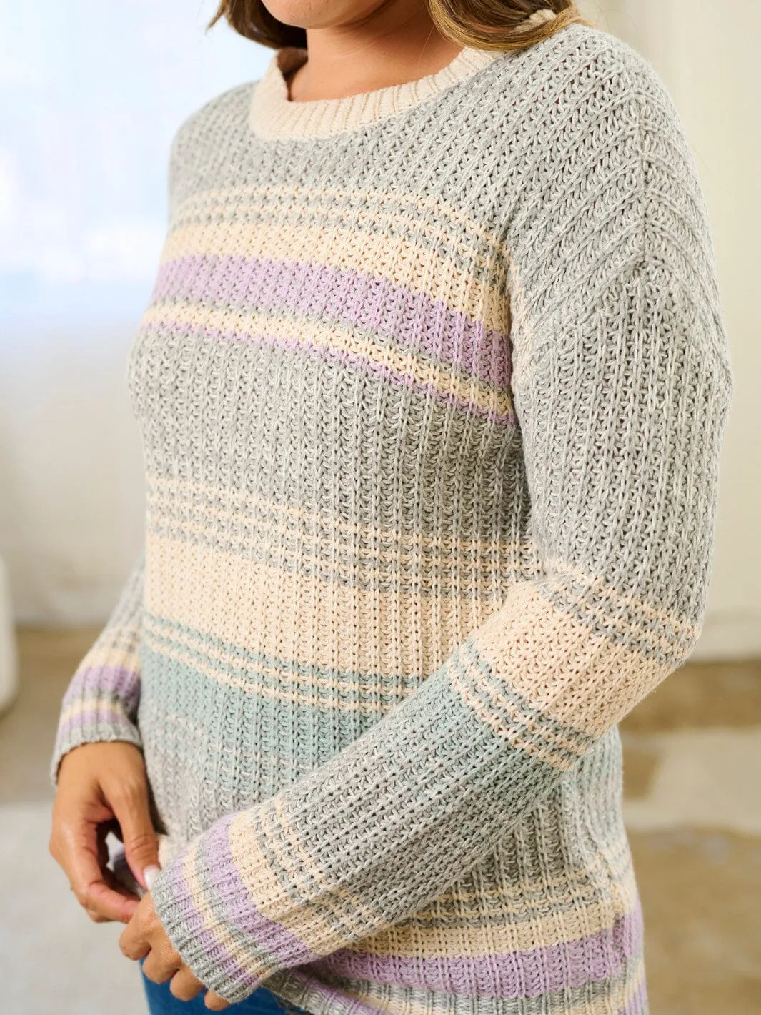 WOMEN'S LONG SLEEVE COLORBLOCK STRIPES PULLOVER SWEATER