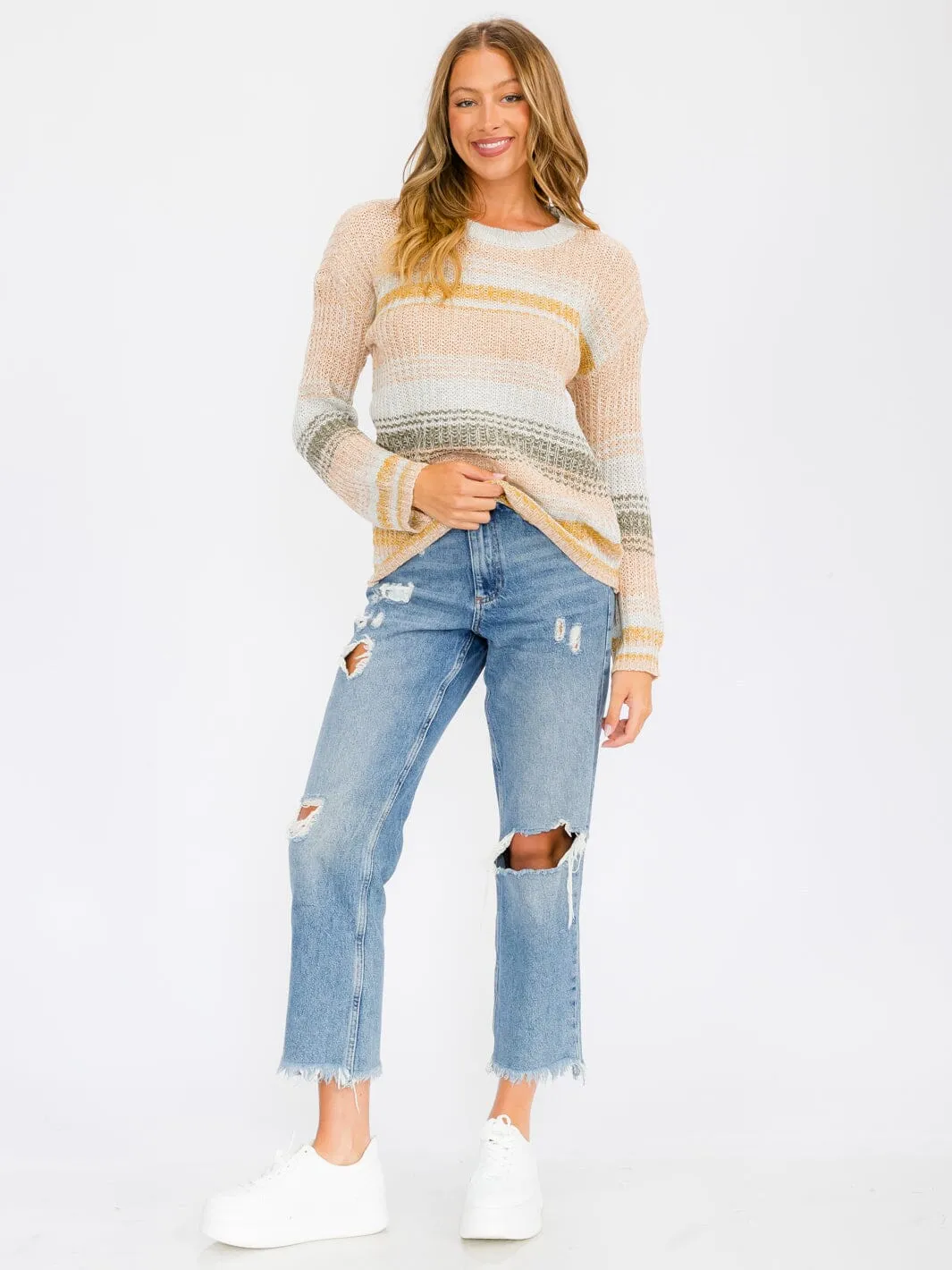 WOMEN'S LONG SLEEVE COLORBLOCK STRIPES PULLOVER SWEATER