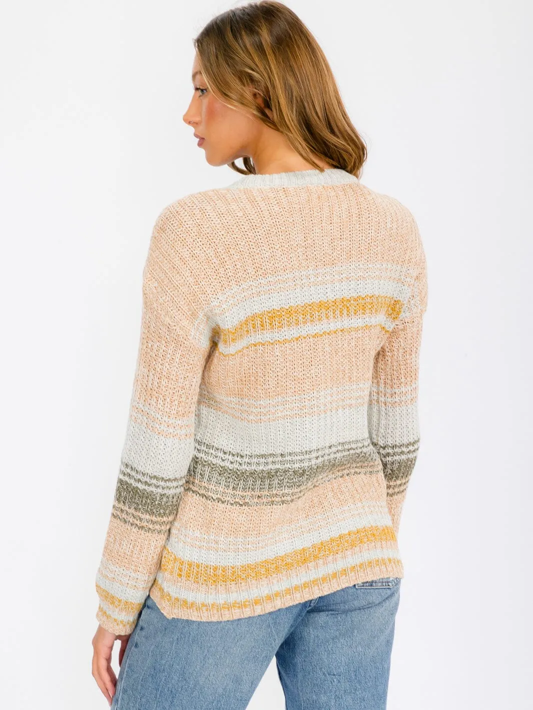 WOMEN'S LONG SLEEVE COLORBLOCK STRIPES PULLOVER SWEATER