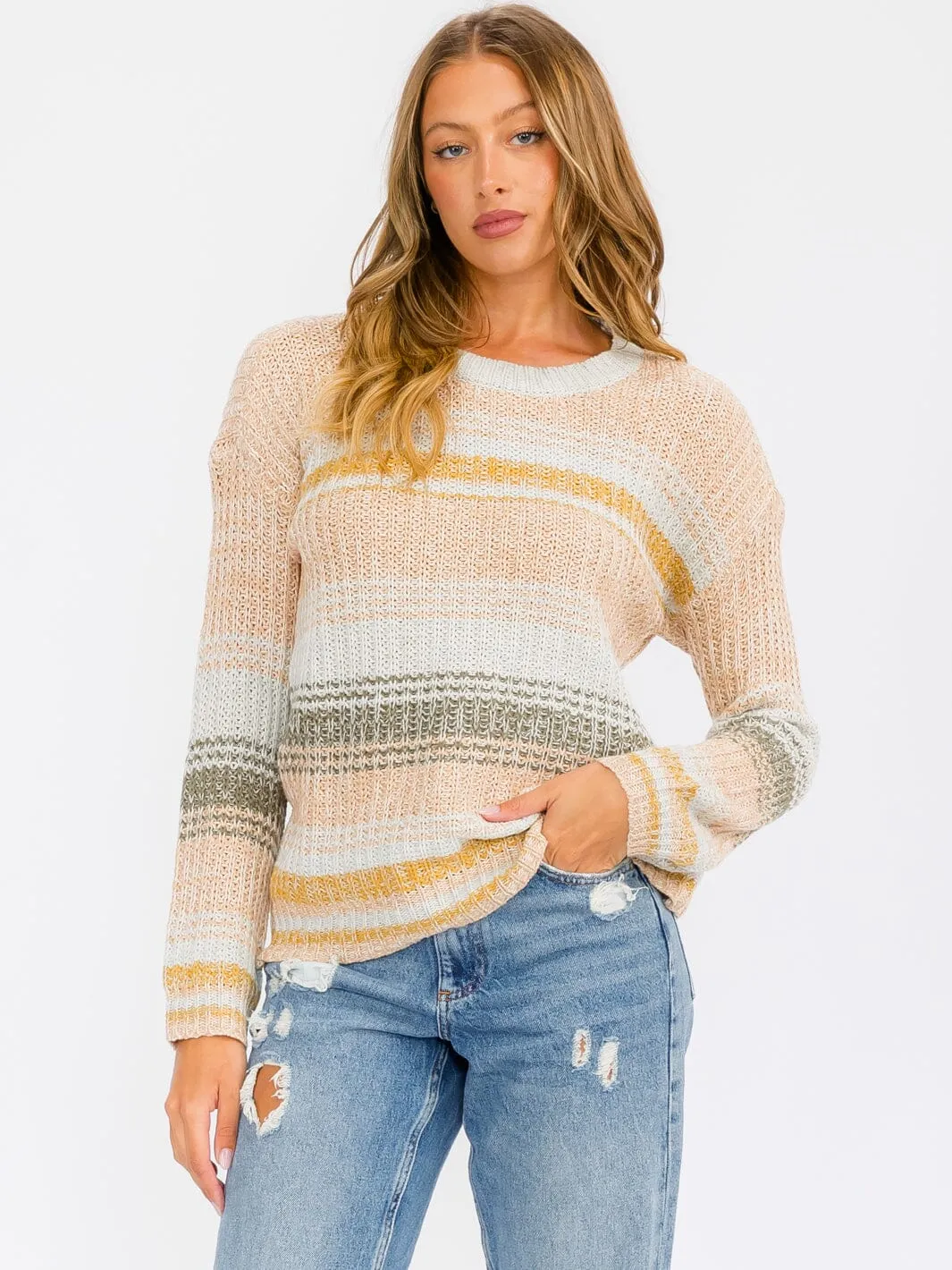 WOMEN'S LONG SLEEVE COLORBLOCK STRIPES PULLOVER SWEATER