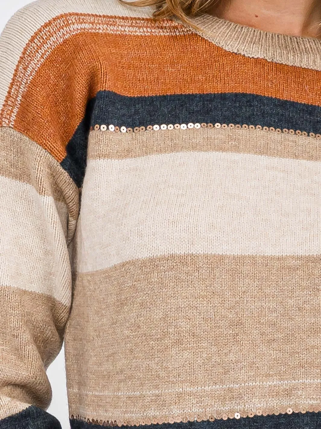 WOMEN'S LONG SLEEVE COLORBLOCK STRIPES SEQUINS PULLOVER SWEATER