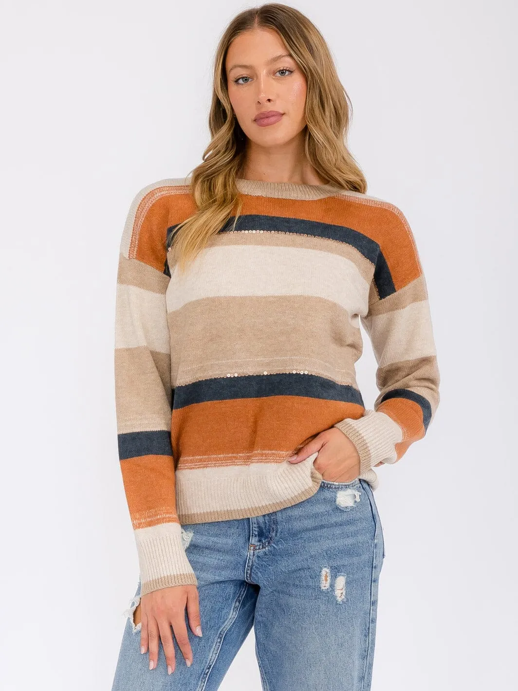 WOMEN'S LONG SLEEVE COLORBLOCK STRIPES SEQUINS PULLOVER SWEATER