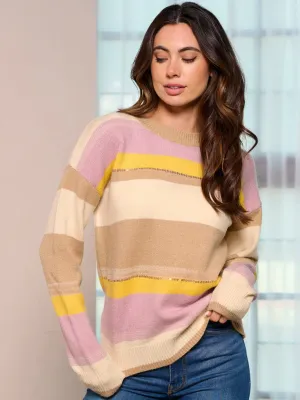 WOMEN'S LONG SLEEVE COLORBLOCK STRIPES SEQUINS PULLOVER SWEATER