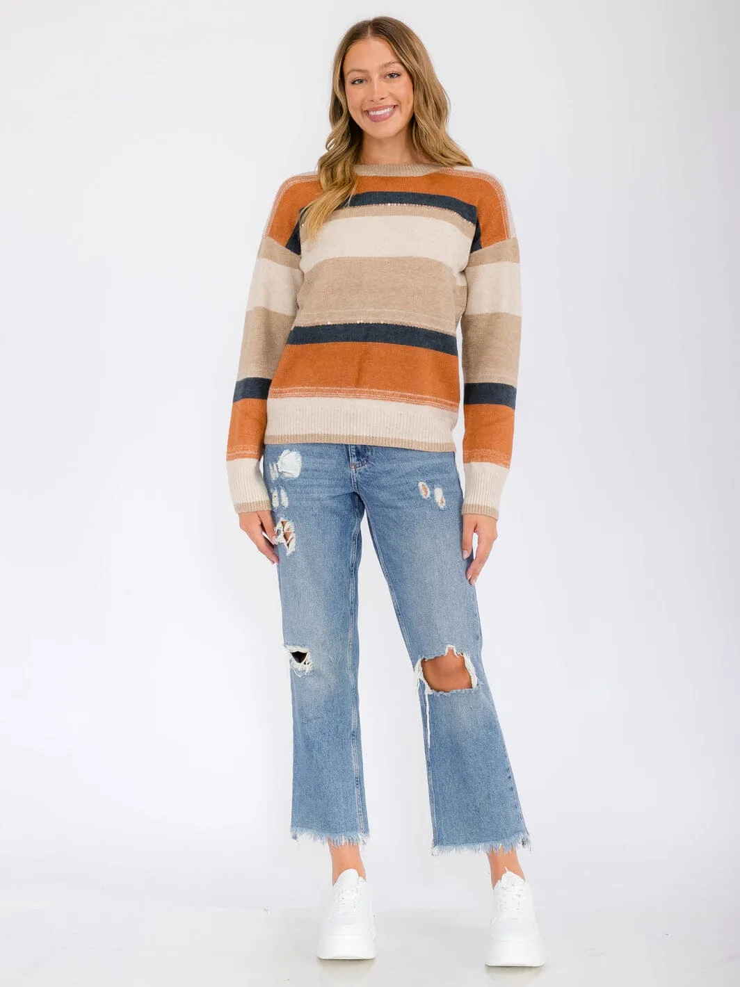 WOMEN'S LONG SLEEVE COLORBLOCK STRIPES SEQUINS PULLOVER SWEATER