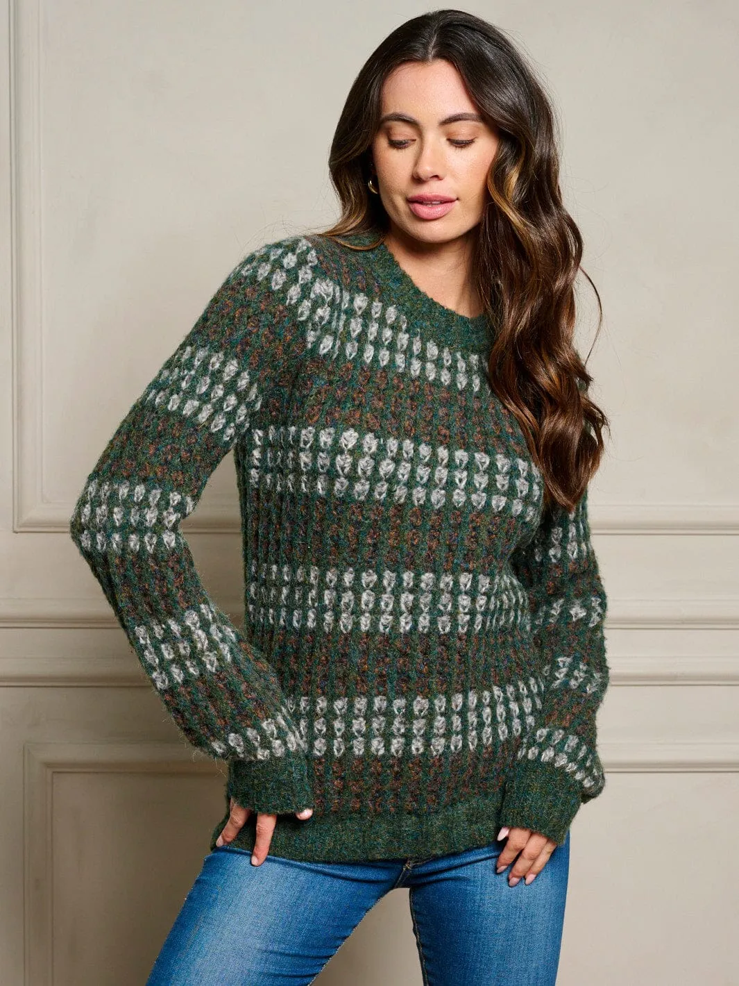 WOMEN'S LONG SLEEVE WAFFLE COLORBLOCK PULLOVER SWEATER