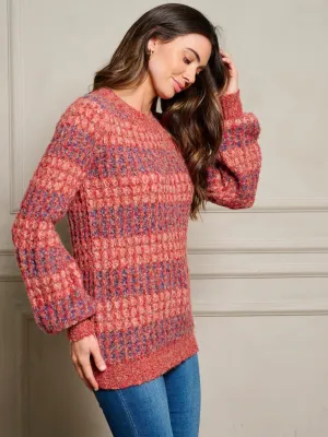 WOMEN'S LONG SLEEVE WAFFLE COLORBLOCK PULLOVER SWEATER