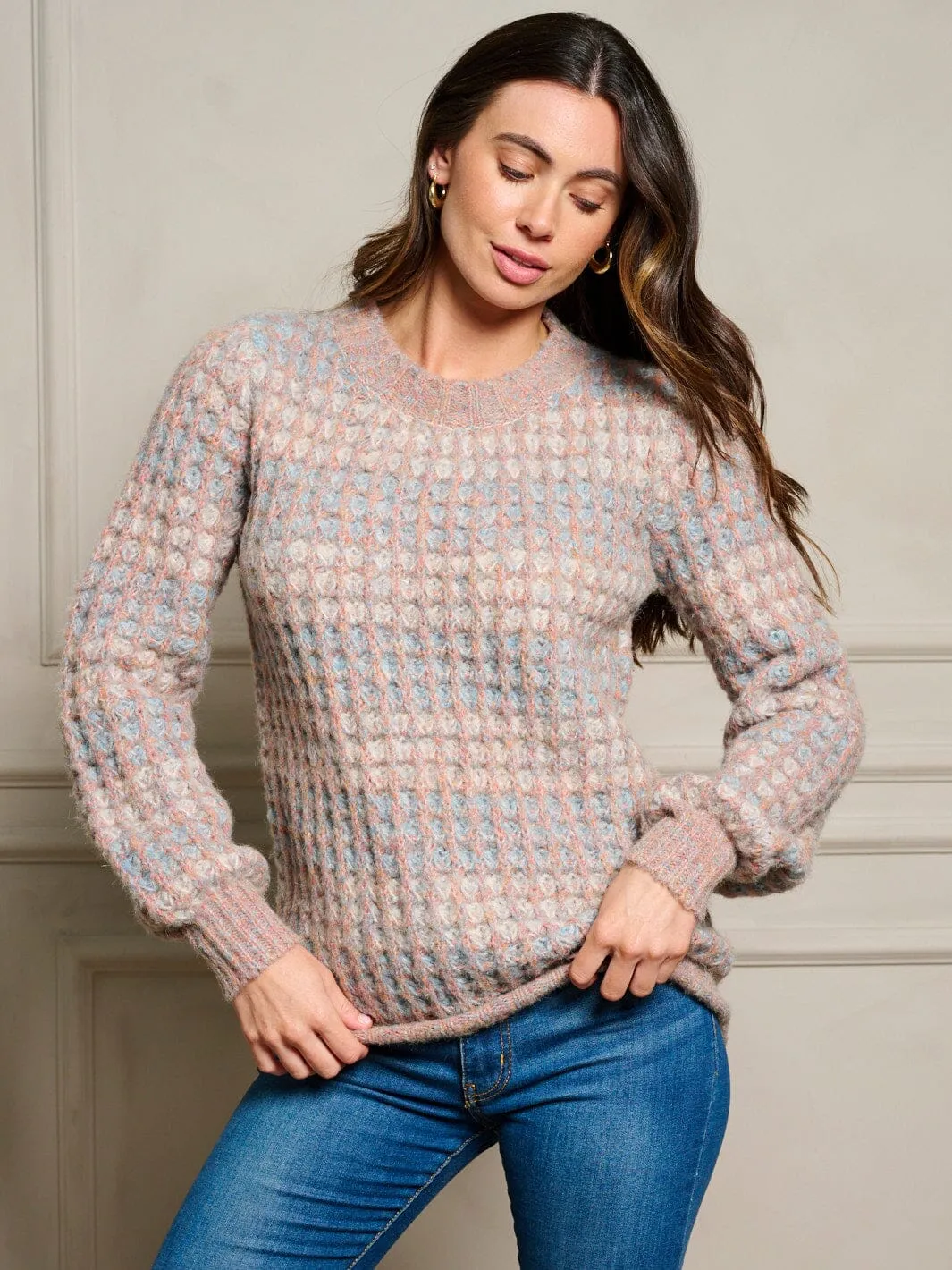 WOMEN'S LONG SLEEVE WAFFLE COLORBLOCK PULLOVER SWEATER