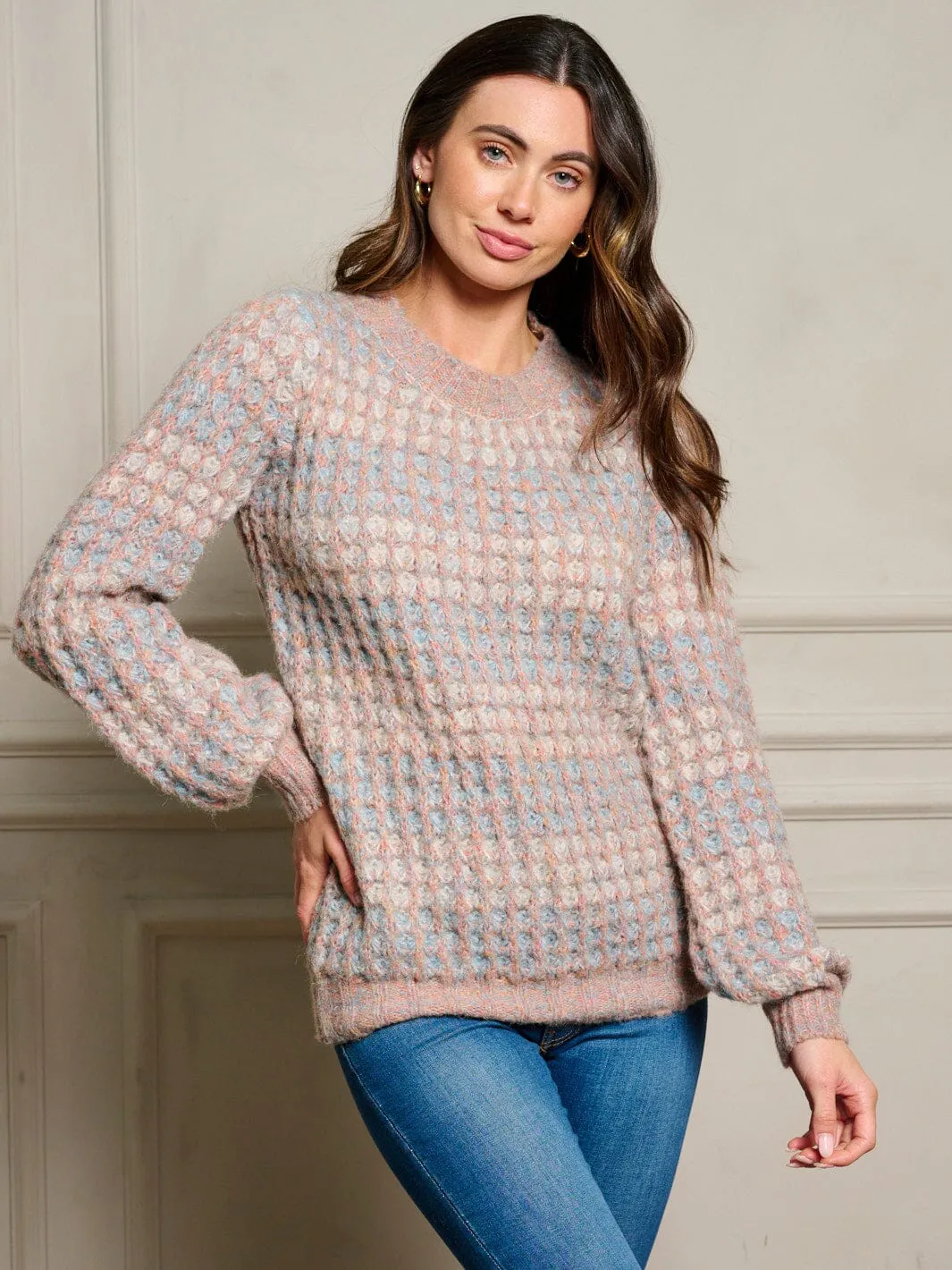 WOMEN'S LONG SLEEVE WAFFLE COLORBLOCK PULLOVER SWEATER