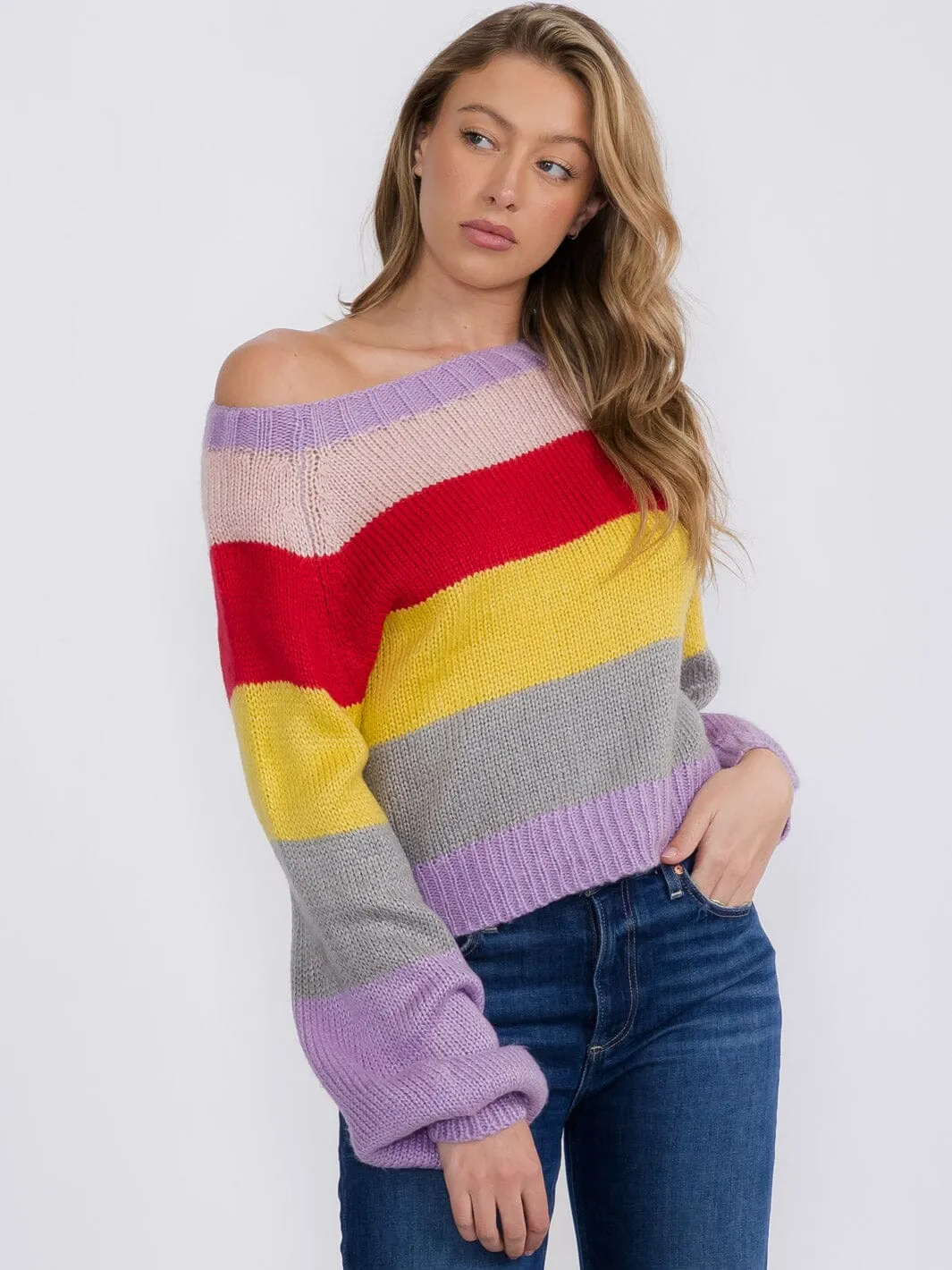 WOMEN'S LONG SLEEVES PULLOVER COLORBLOCK STRIPES KNIT SWEATER