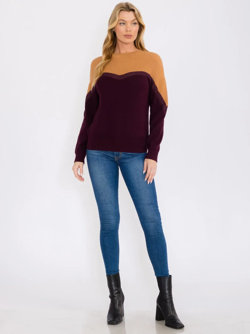 WOMEN'S LONG SLEEVES PULLOVER COLORBLOCK TRIM DETAILED SWEATER