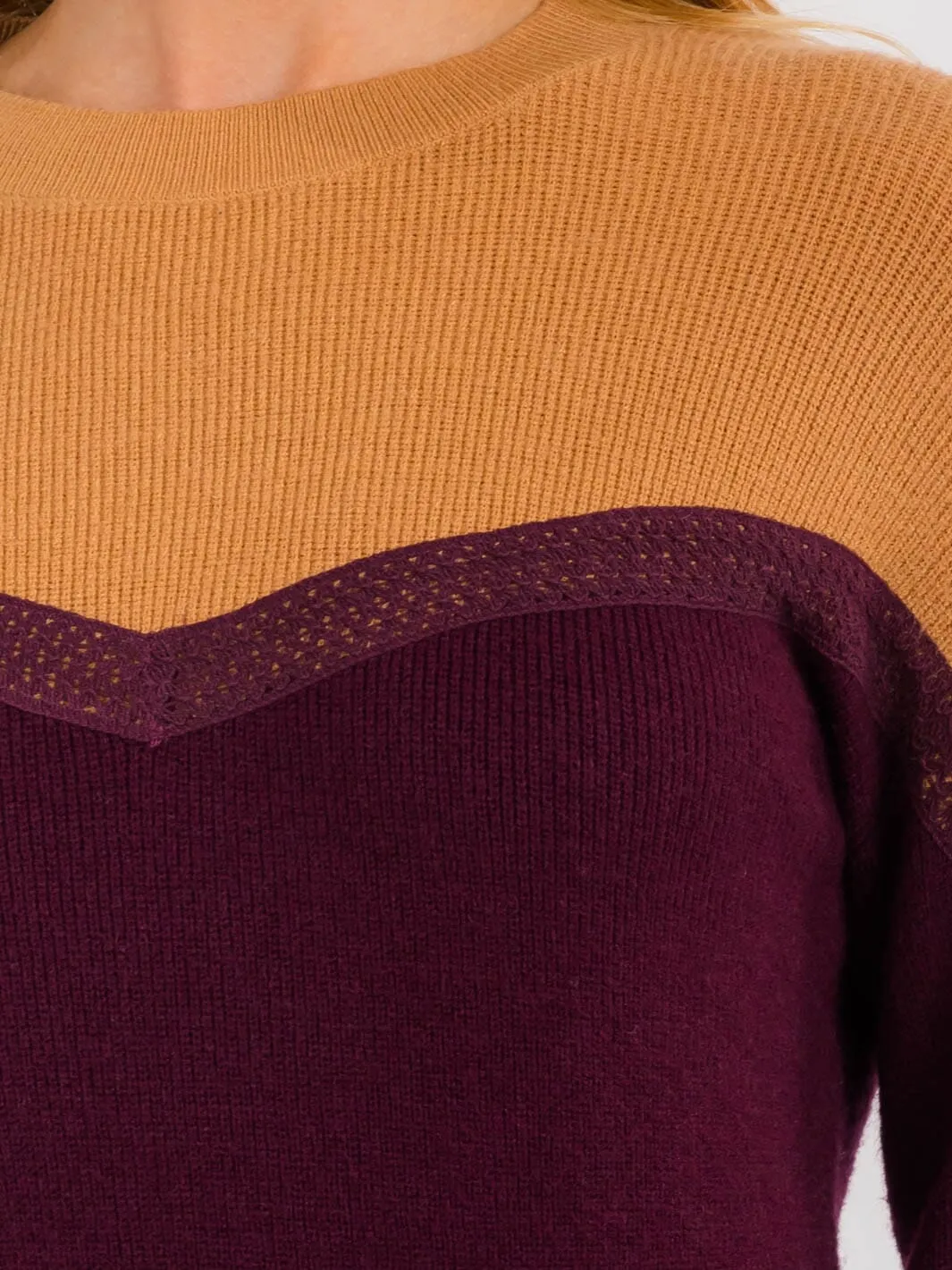 WOMEN'S LONG SLEEVES PULLOVER COLORBLOCK TRIM DETAILED SWEATER