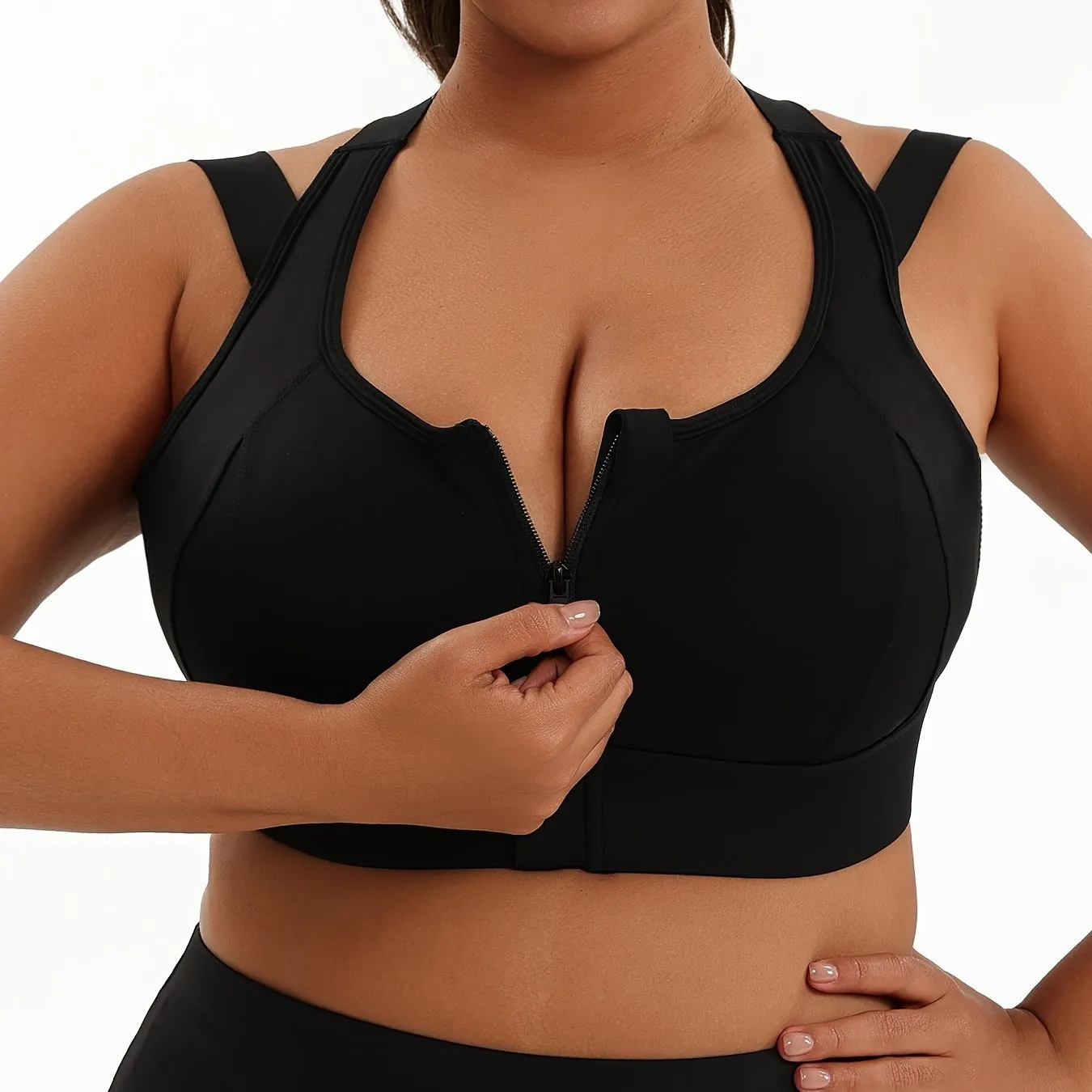 Women's Plus Size Sports Bra, Front Zip Closure, High Support Fitness Active Wear, Breathable Comfortable Lingerie, For Basketball Yoga Sports, Simple Look
