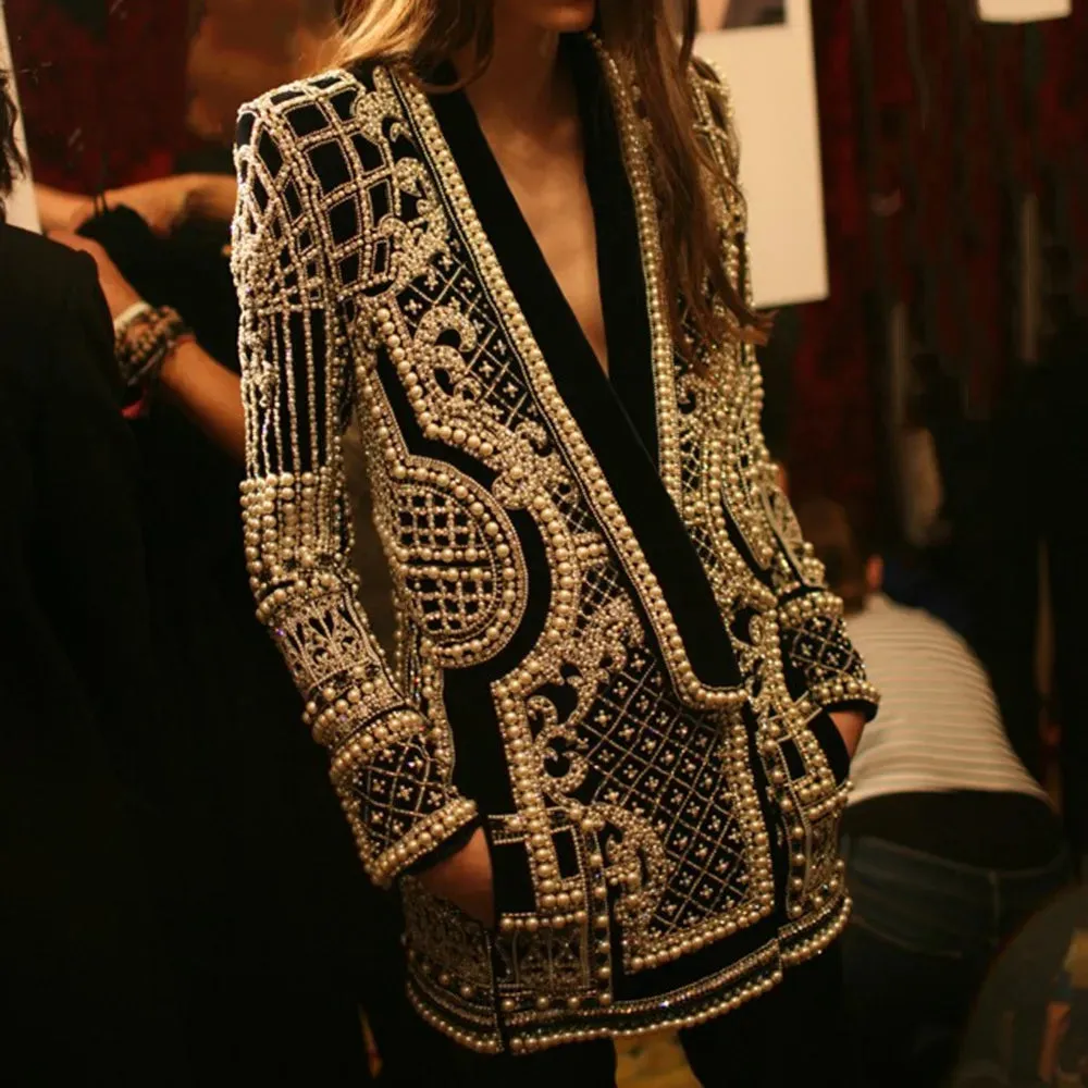 Women's Shawl Collar Embroidered Beaded Jacket V-Neck Vintage Ladies Outwear Coat