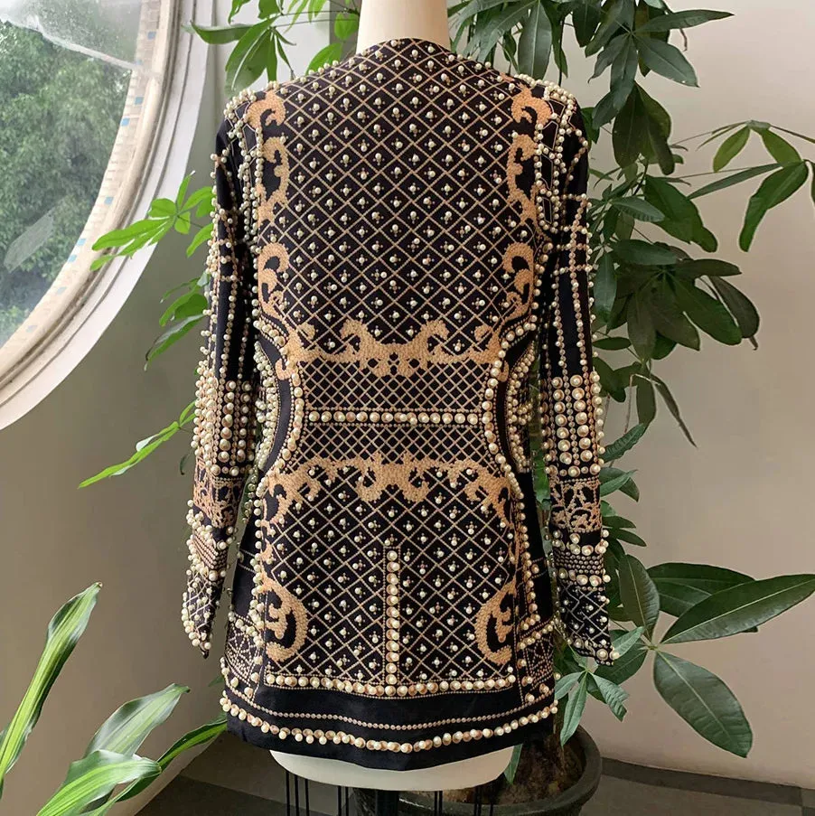 Women's Shawl Collar Embroidered Beaded Jacket V-Neck Vintage Ladies Outwear Coat