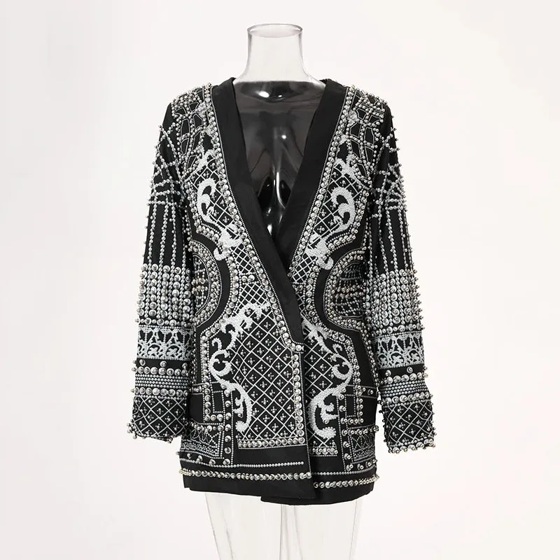 Women's Shawl Collar Embroidered Beaded Jacket V-Neck Vintage Ladies Outwear Coat
