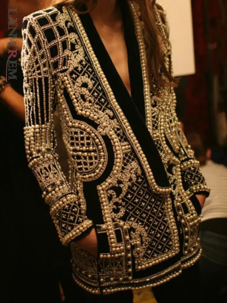 Women's Shawl Collar Embroidered Beaded Jacket V-Neck Vintage Ladies Outwear Coat
