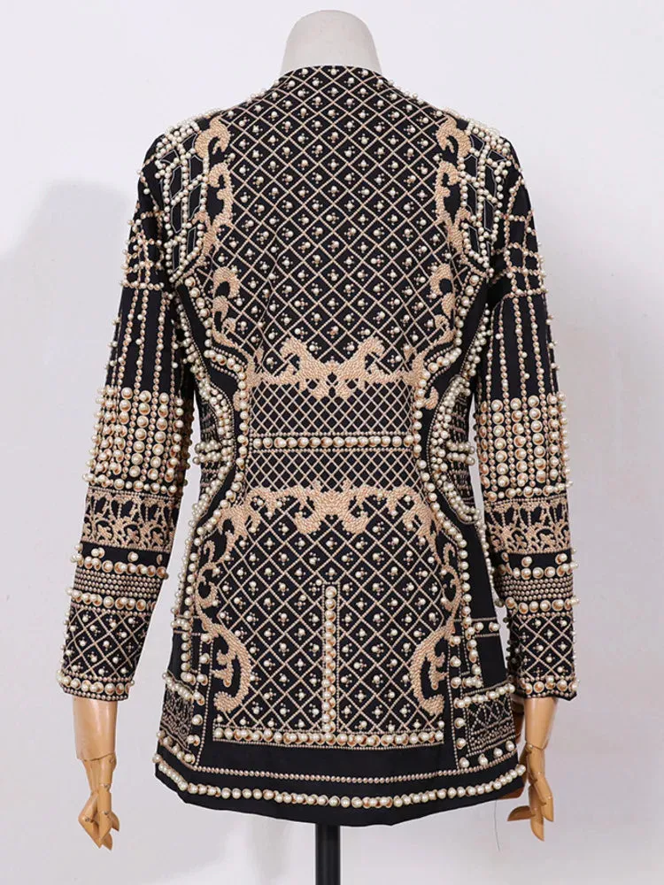 Women's Shawl Collar Embroidered Beaded Jacket V-Neck Vintage Ladies Outwear Coat
