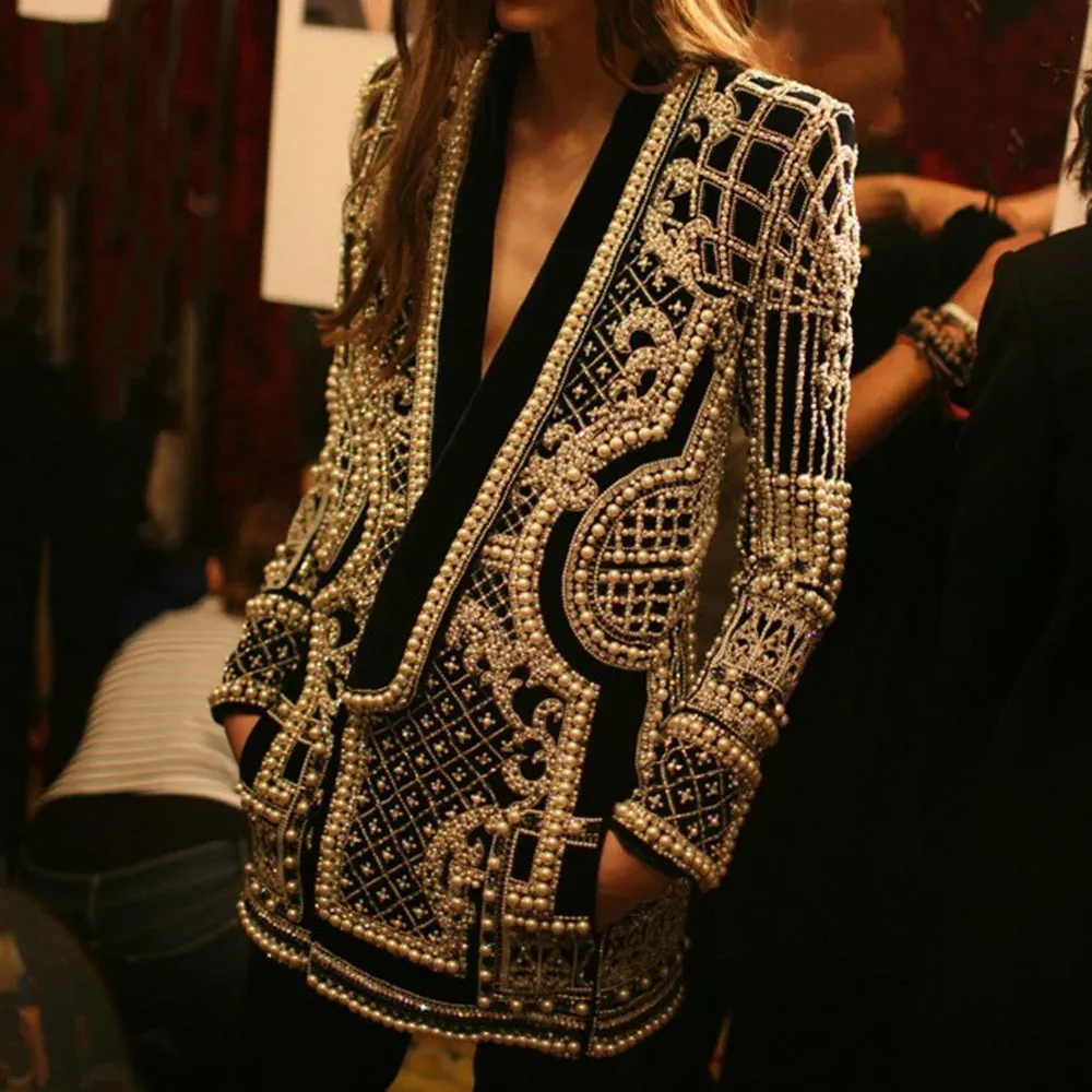 Women's Shawl Collar Embroidered Beaded Jacket V-Neck Vintage Ladies Outwear Coat