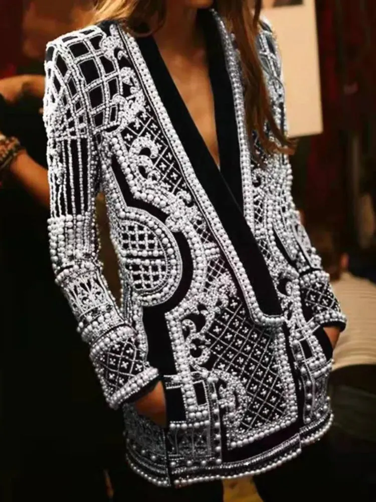 Women's Shawl Collar Embroidered Beaded Jacket V-Neck Vintage Ladies Outwear Coat