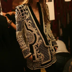 Women's Shawl Collar Embroidered Beaded Jacket V-Neck Vintage Ladies Outwear Coat