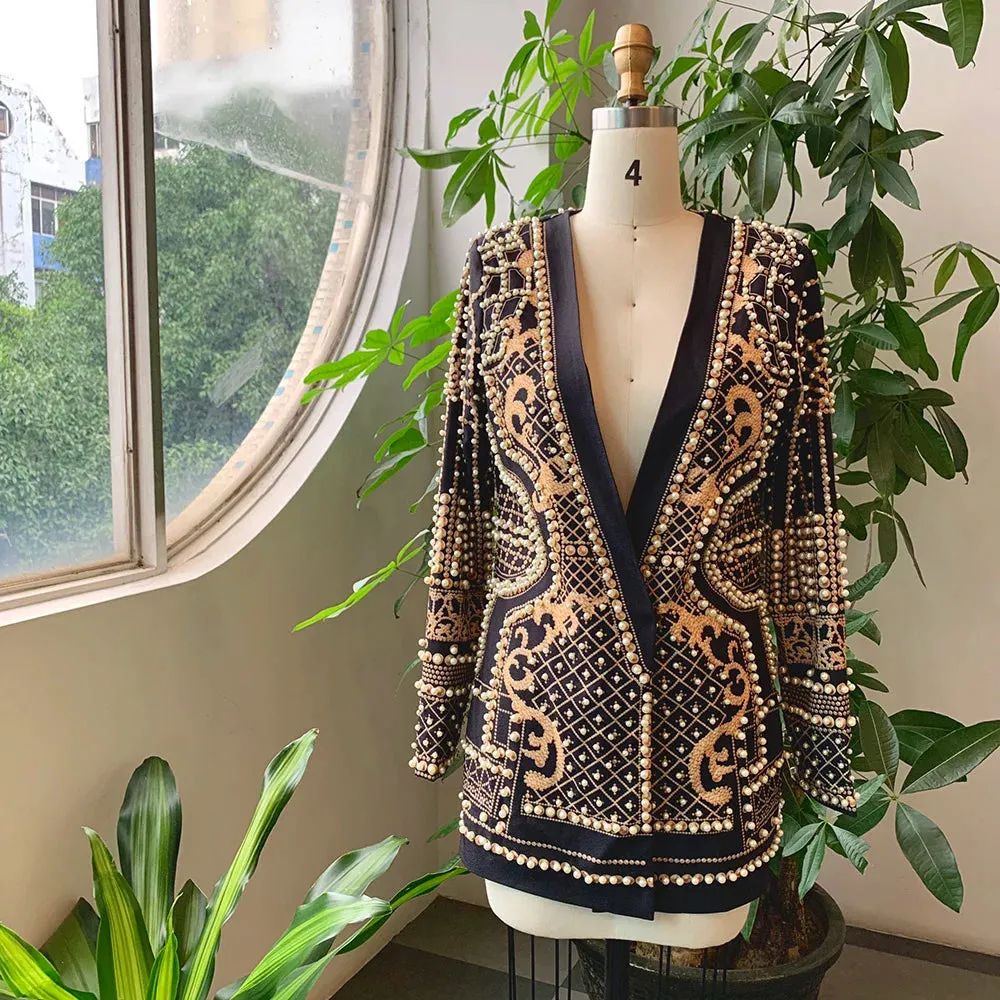 Women's Shawl Collar Embroidered Beaded Jacket V-Neck Vintage Ladies Outwear Coat