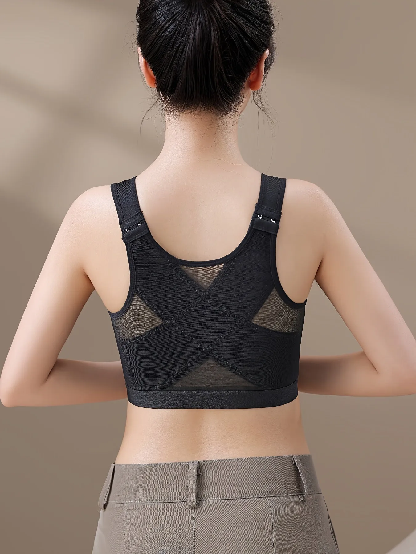 Women's Sports Front Closure Contrast Mesh Post-Surgery Bra (Lingerie & Underwear)